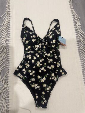 Shade & Shore Black Daisy Tie-Front One-Piece Swimsuit